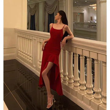Niulatu High Low Spaghetti Straps Red Prom Dresses Birthday Outfits Evening Gown SD917